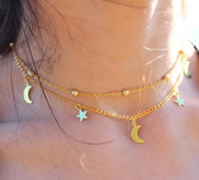 Star and Moon Charm Necklace with Long Gold Tiny Chain as Birthday Present Two Layer Necklace women jewelry