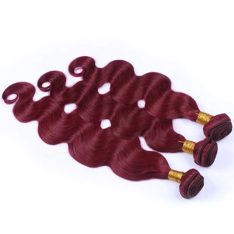 Estensioni dei capelli umani rosso vino peruviano Onda del corpo ondulata # 99J Fasci di tessuto dei capelli umani di Remy rosso bordeaux 3 pezzi / lotto doppie trame