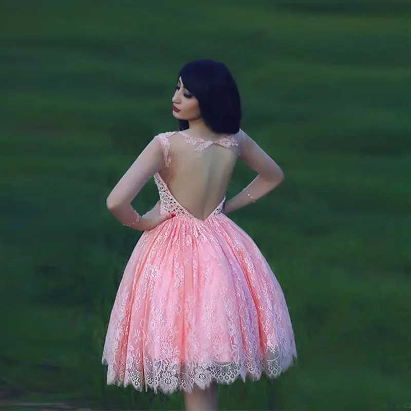 Prinses baljurk jurken partij backless crystal bling prom kant roze jurk zoete 16 meisjes mooie hoge kwaliteit formele slijtage knielengte