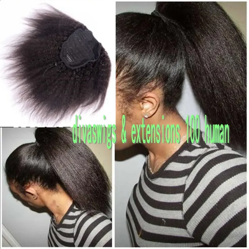 Hot Sale Human Hair Ponytail Natrual Hair For Black women,Kinky Straight Italian Yaki Straight Drawstring Ponytails Extensions natural black