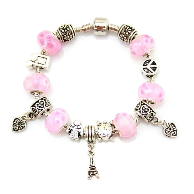 Roze Kleur Sieraden Handgemaakte Europese Kralen Armbanden Bangles Murano Glas Europese Kralen Charm Armbanden Vrouwen Gift