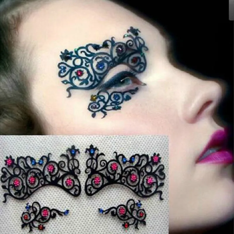 Mode Kleurrijke Rhinestone Black Hollow Lace Brow Kant Eyes Mask Eyelashes Stickers voor Ballroom Thema Party Gratis verzending