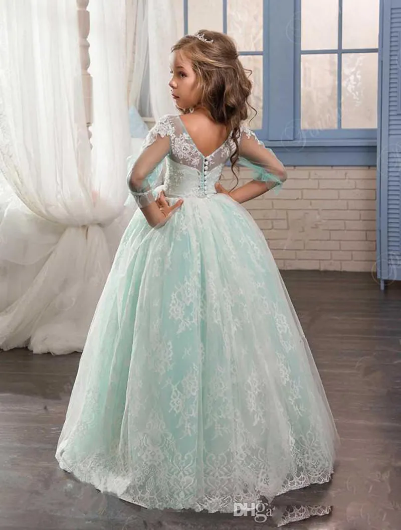 2017 Romantisk Mint Green Flower Girl Dress for Weddings Tulle med spetsar öppen bollklänning Första nattvardsgångsklänningar för GI2858899