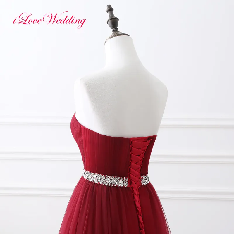 2018 New Cheap Dark Red Long Prom Party Dresses Strapless Sweetheart Neckline Robe de soiree Tulle Beaded Sash Evening Weeding Gow6254558