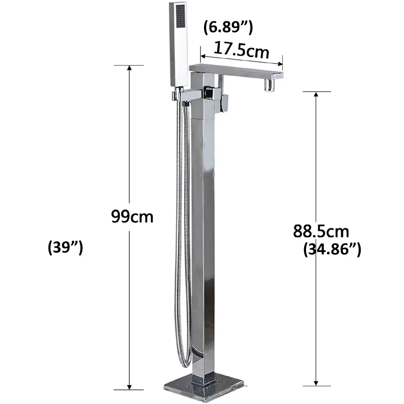 Ny modern krom med LED -färg vattenfall spout badrum badkar kran stående fyrkantig badkar med handhållen sprutgolvmou306r