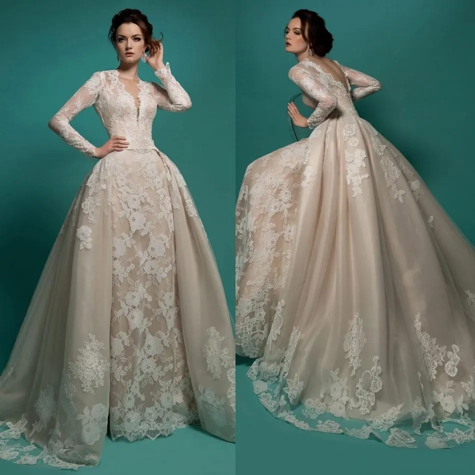 Ball Gown Wedding Dress With Sleeves: Elegant Lace Applique V Neck
