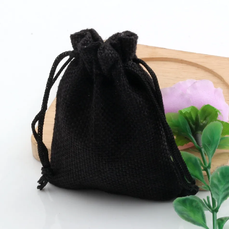 10x14 cm noir lin tissu cordon sacs bonbons bijoux cadeau pochettes toile de jute cadeau Jute sacs