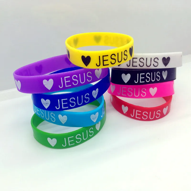 Hela 100st-parti-bogseringsstil Multi-färg Jesus älskar hjärtkilikonarmband manschett armband för man kvinnor247u