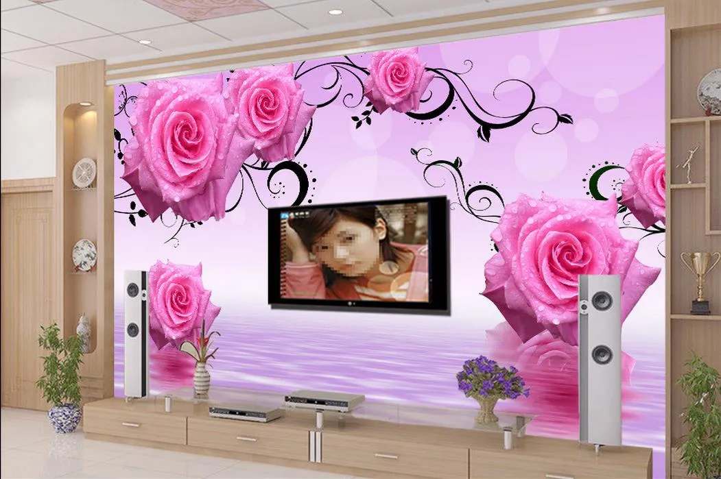 Высокое качество настроить размер современные Розовые розы воды ТВ украшения стены живопись обои для стен 3 d для гостиной