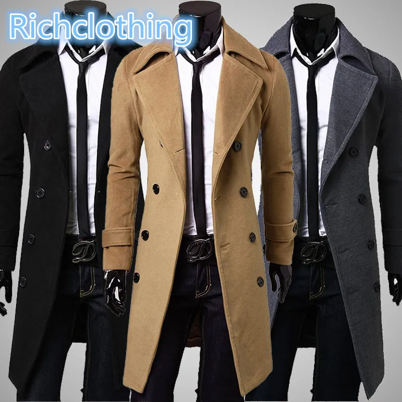 Atacado- Mens Trench Coat 2016 Nova Moda Designer Homens Casaco Longo Outono Inverno Dupla-Breasted Windproof Slim Trench Coat DFBTC001