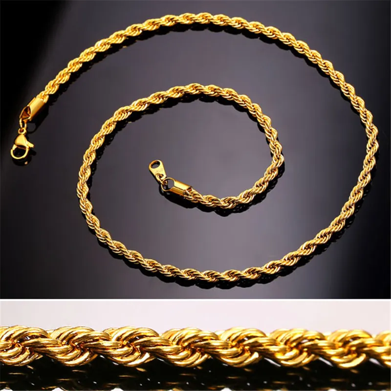 18K reales Gold überzog Edelstahl-Seil-Ketten-Halskette für Männer Goldketten Mode Schmuck Geschenk