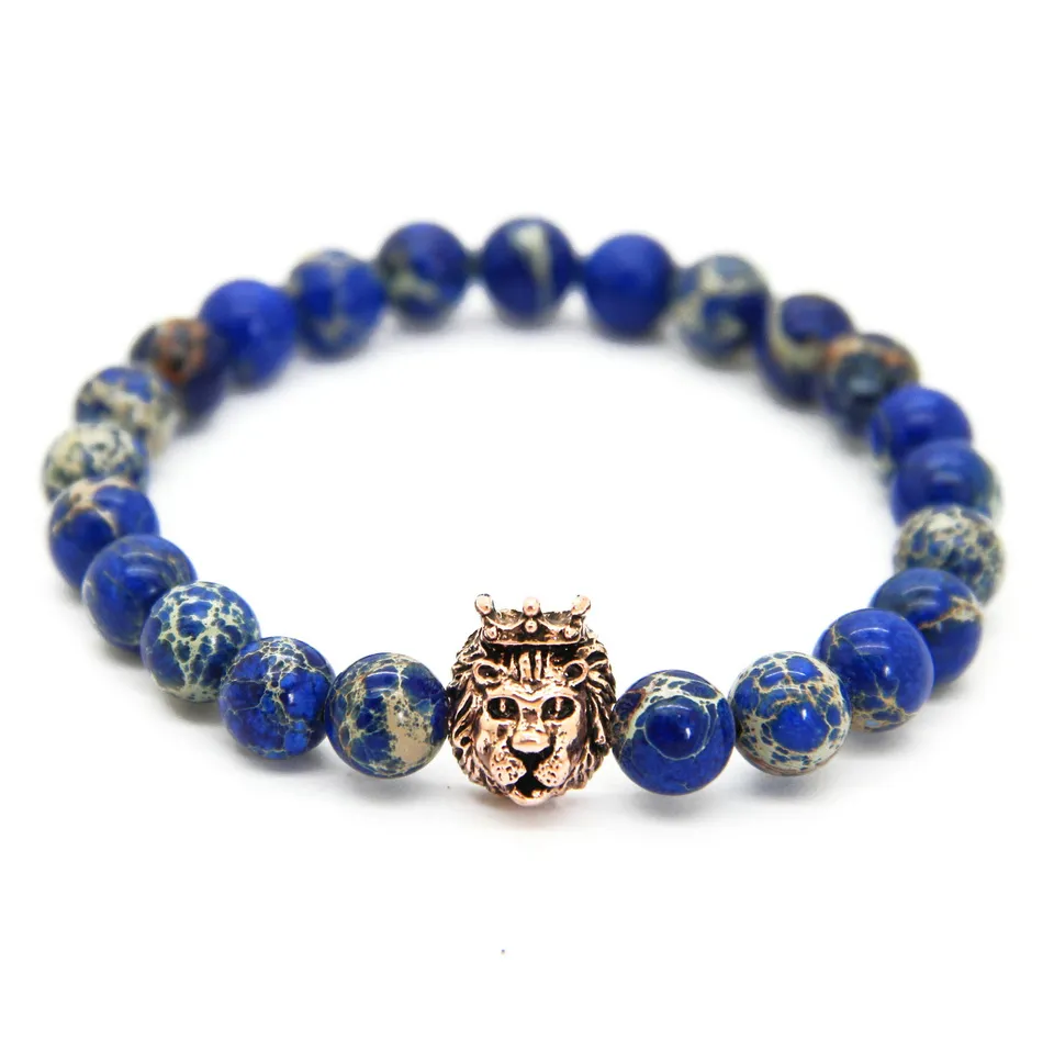 1st Ny design 8mm Blue Sea Sediment Stone Pärlor med Mix Color Lion Head Hero -armband Mens smycken Nice Gift276s