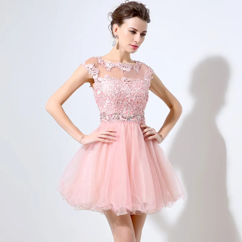 Cute Pink Short Prom Dresses Cheap A-Line Mini Tulle Lace Beads Cap Sleeves Bateau Neck 2019 Junior 8th Grade Homecoming Dress Party Dresse