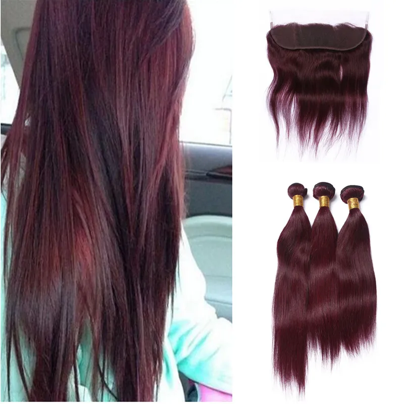 Venda quente # 99j Weve Cabelo Liso Vermelho Weve Com 13 * 4 Lace Frontal Encerramento Nós Descorados Com o Cabelo Do Bebê Cor Pura # 99j Cabelo Humano