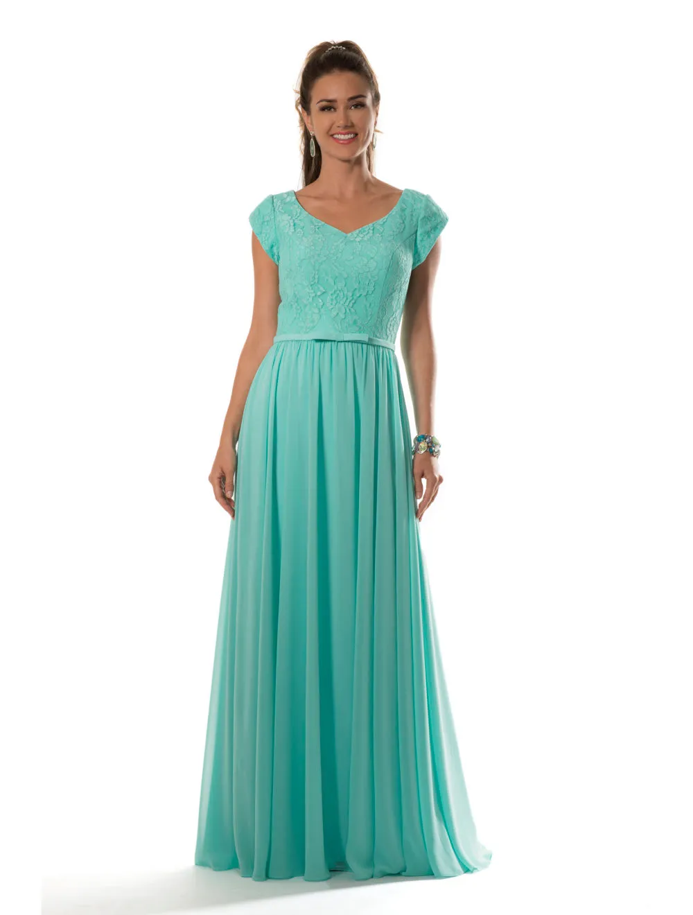 Aqua Longo Modest Vestidos de Dama de Honra Com Tampa Pétala Mangas Decote V Renda Corpete Chiffon Até o Chão Madrinhas de Honra Vestido Custom Made