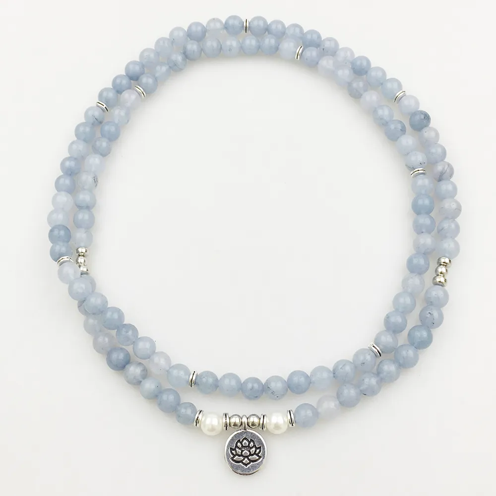 SN1205 Design Women`s 8 mm Blue Stone 108 Mala Beads Bracelet or Necklace Lotus Charm Yoga Bracelet