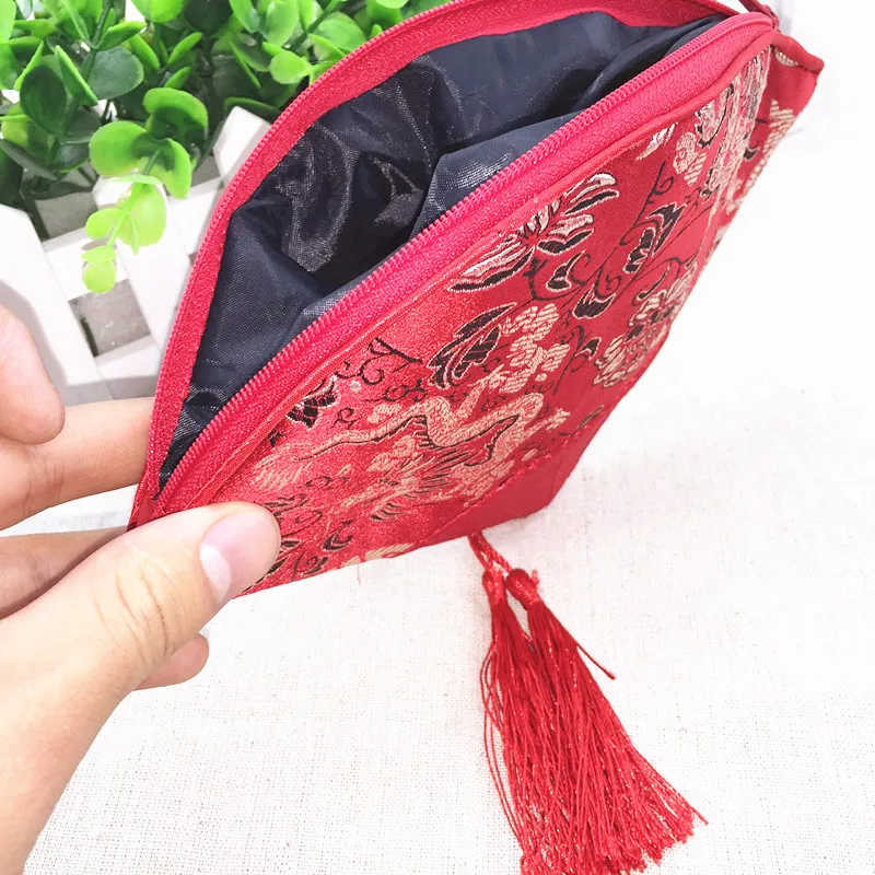 Tassel Fan Shaped Coin Purse Bag Zipper Chinese Silk Brocade Jewelry Makeup Storage Bag Bracelet Necklace Pouch Wedding Party Favor 