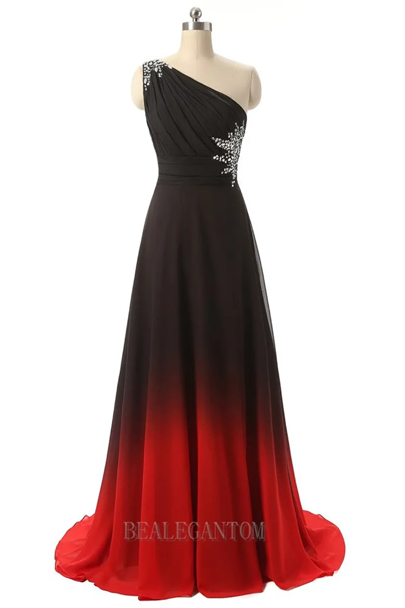 Sexy One Shoulder Ombre Lange avond Prom Dresses Chiffon Een lijn Plus Size Vloer-lengte Formele Partijjurk BM05