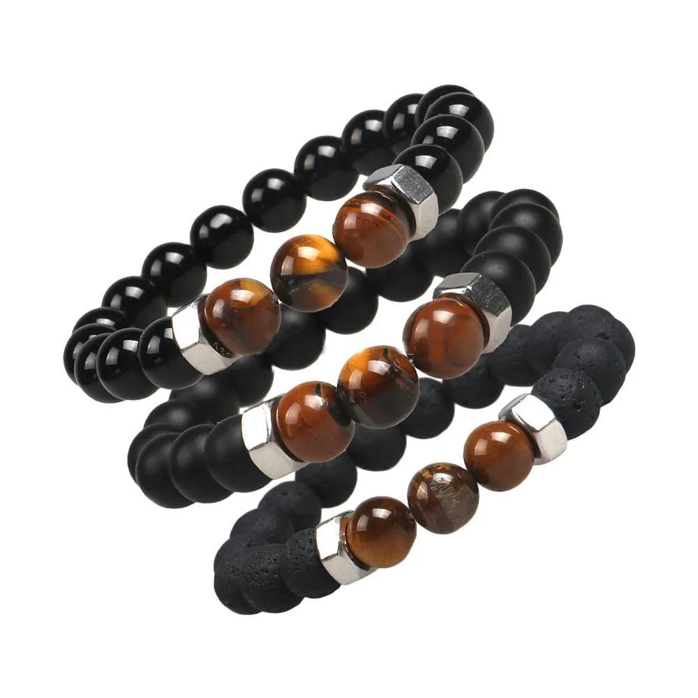 Fashion Natural Black Lava Stone Armband Chakra Tiger Eye Beads Armband för män Kvinnor Sträck Yoga Smycken