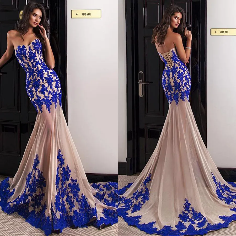 Décolleté en cœur sirène robes de soirée avec des appliques de dentelle bleu royal et nu robe de bal mince vestidos de fiesta largos