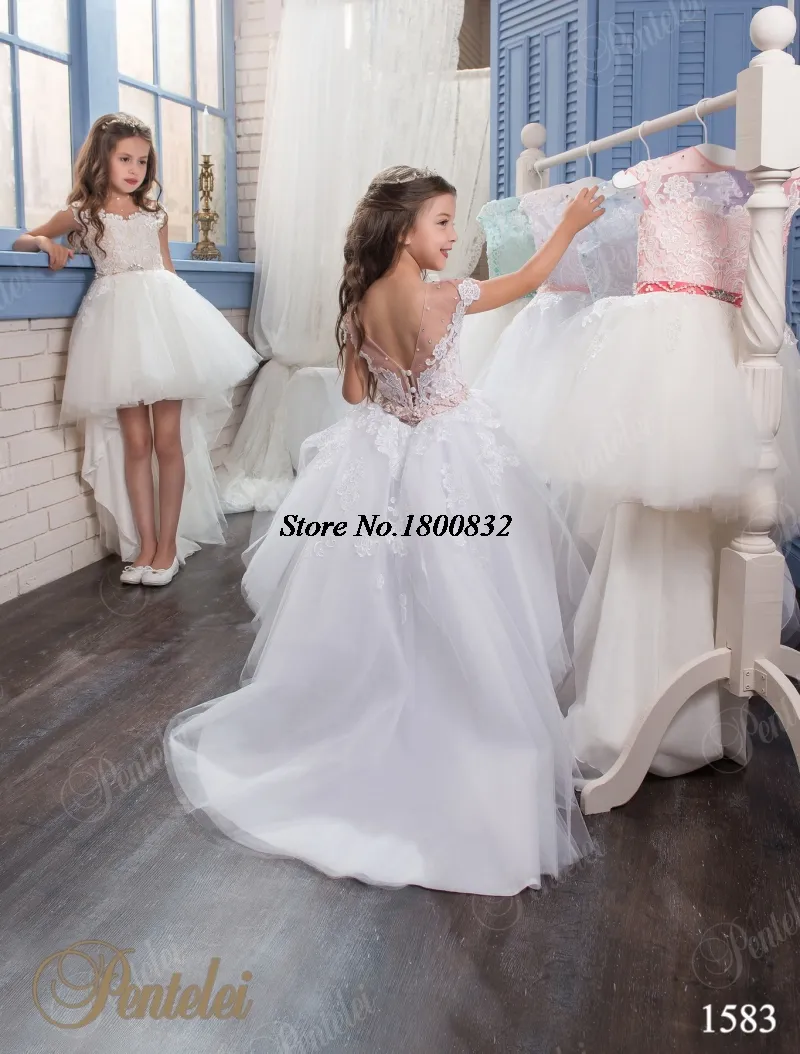 2019 Haut Bas Princesse Filles Robes De Mariée Scoop Appliques Perles Puffy Tulle Enfants Petites Belles Filles Pageant Robe