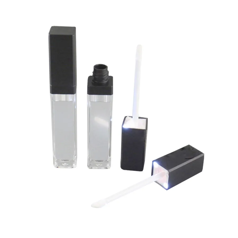 Großhandel - 50 Stück/Los, 7 ml LED-Licht-Lipgloss-Flaschenbehälter mit einseitig angebrachtem Spiegel, schwarzer und silberner Kappe