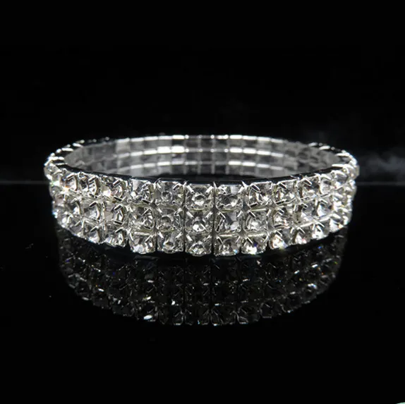 حفل زفاف حفلة سوار Sillver Bling Bling 3 صف Rhinestone Crystal Stretch Bangle Bangle Prom Bridal Jewelry Wedding A7590132