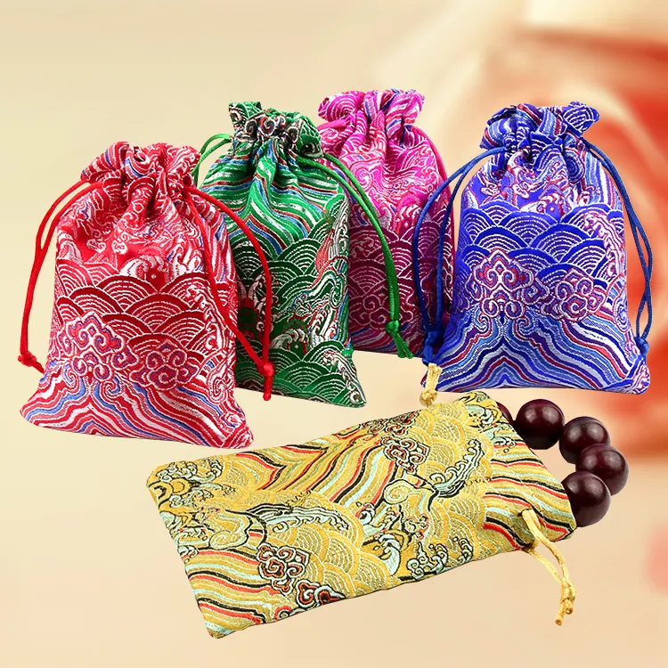 Bolsas de embalaje de tela gruesa ondulada barata, bolsa de regalo de joyería de brocado de seda con cordón pequeño, bolsa de recuerdo de caramelo, baratija, bolsillo para monedas, 9x13 cm