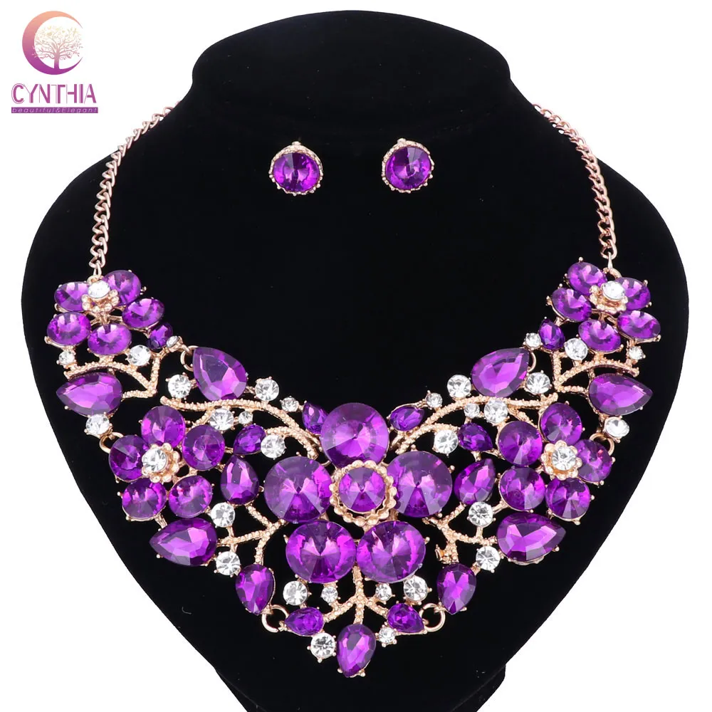 Women Fashion Statement Necklace earrings sets Bridal Wedding Party Necklace Flower Type Golden Plated Crystal Jewelry Sets