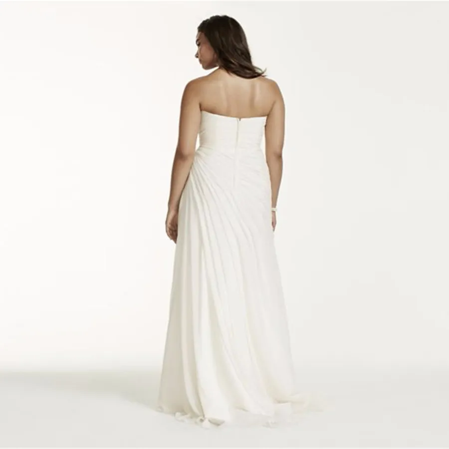 Crinkle Chiffon Draped Plus Size Wedding Dress Strapless Ruched Bodice Simple Elegant Bridal Gowns Beading Sash 9V3540