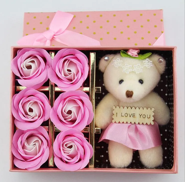 / Box Romantic Rose Soap Flower con Little Cute Bear Doll Grande San Valentino Giftsfor Regali di nozze o regali di compleanno