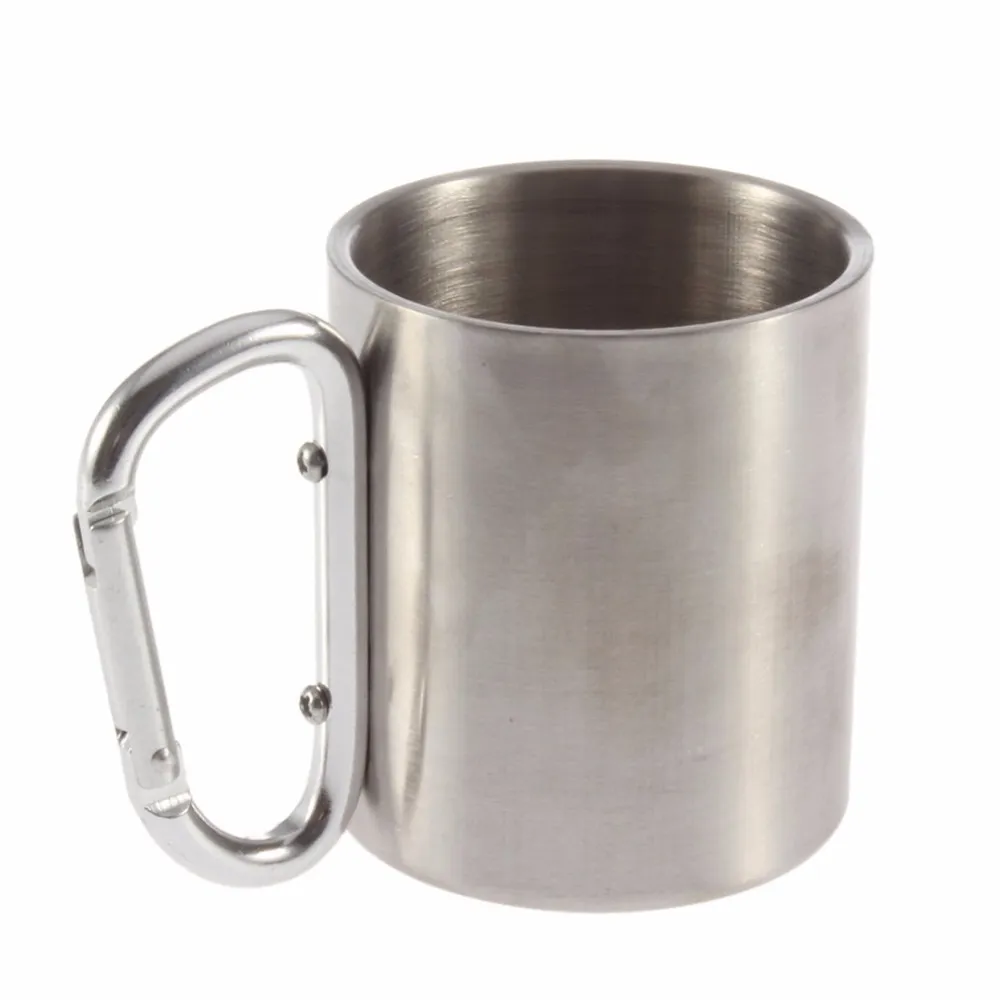 1pc Steel Camping Cup Mug 180ml Traveling Carabiner Aluminium Hook Double Wall Stainless Drop shipping