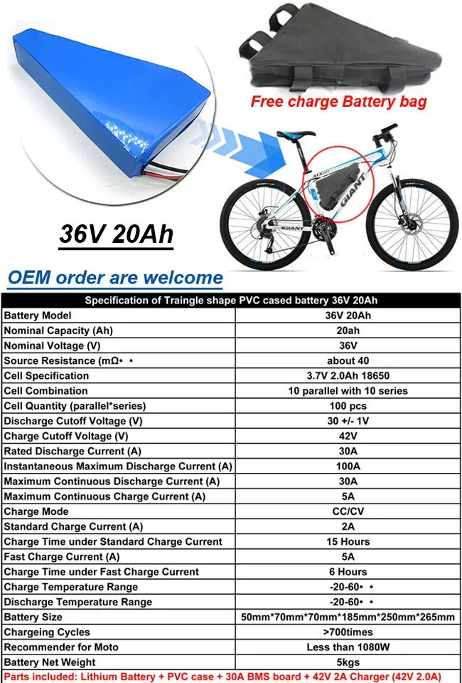 FREE SHIPPING Deep Cycle 36v Lithium Battery 1000W 20AH Triangle Electric Bike Battery  in 18650 Cell Li Ion Battery Pack 30A BMS 