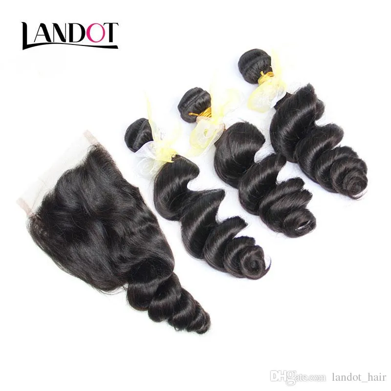 8A Lace Closure with 3 Bundles Brazilian Virgin Human Hair Weaves Unprocessed Straight Body Loose Deep Water Wave Kinky Curly Hair Closures