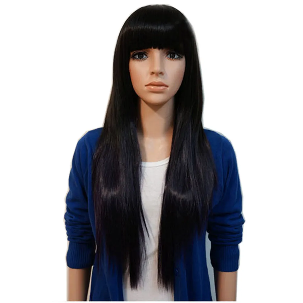 Zwarte Kleur Vrouwen Cosplay Pruik Meisjes Mode Steil Lang Haar W-Trim Haar Pony