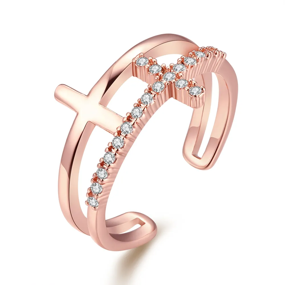 Fashion Hot Sale Classic Cross Rose Gold color Crystal Jewelry Adjustable Rings For Women Girls Party Valentine's Bague Bijoux Gifts