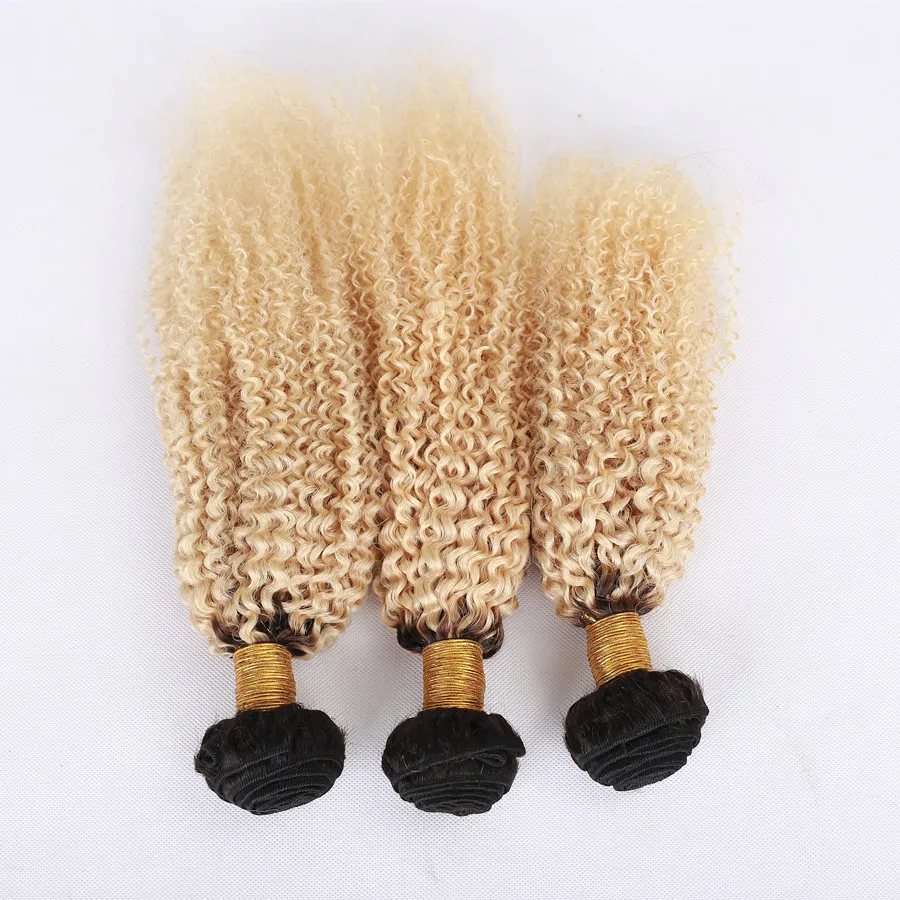 Raiz escuro Afro Crespo Encaracolado Malaio Virgem Do Cabelo Tece Com Ombre Loiro Frontal Ombre # 1B 613 Feixes De Cabelo Humano Com Fecho de Renda Frontal