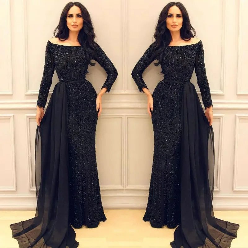 Sparkly Black Sequins Prom Dress Sexy Off Shoulder Long Sleeve Mermaid Celebrity Party Dress Charming Middle East Arabic Arab Evening Gowns