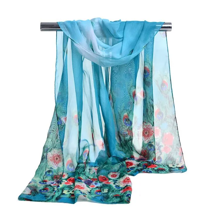 Sciarpa di chiffon di seta all'ingrosso della fabbrica Sciarpa lunga donna Pashmine estive le donne Sciarpe stampa pavone Florial 160 * 50 cm DHL gratis