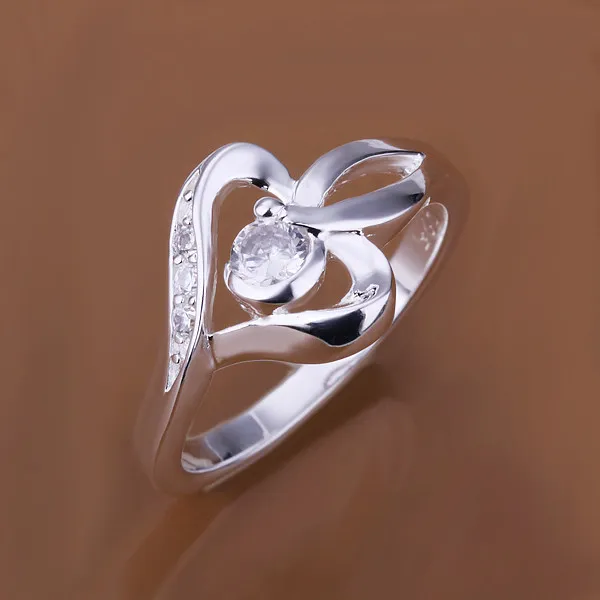 El mejor regalo Anillo de dedo de plata de ley chapado en corazón con incrustaciones apto para mujeres, piedras preciosas blancas de boda 925 anillos de placa de plata Anillo solitario ER153