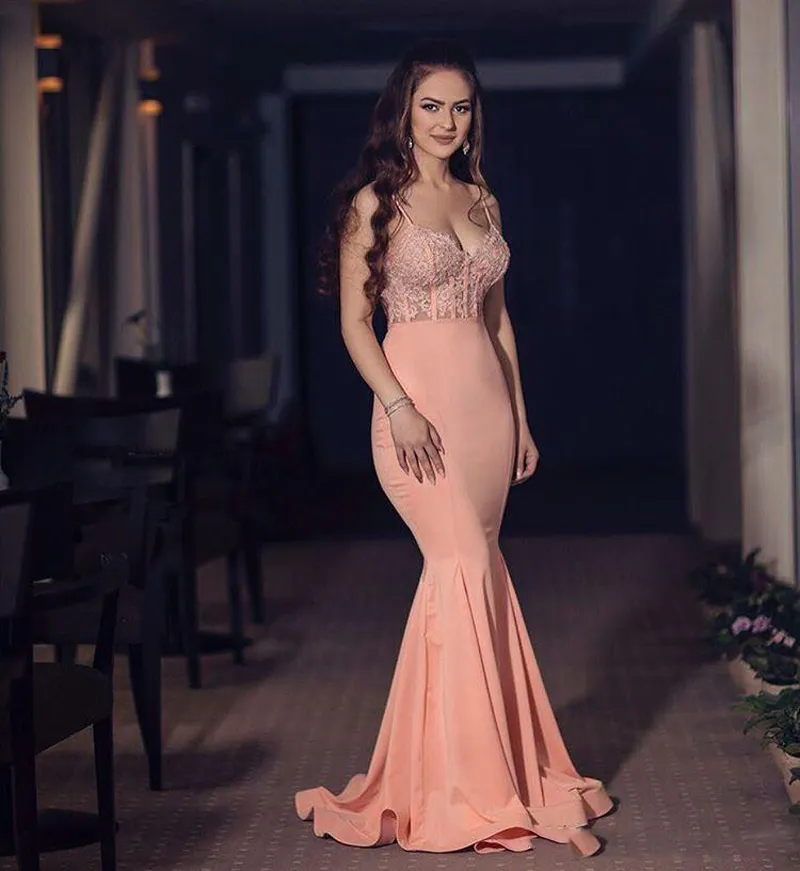 Sexy Coral Mermaid Dresses Prom baratos cetim Pesca Spaghetti querido apliques formais vestidos de festa 2017 Sheer cintura Prom Dress
