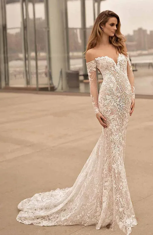 Lange Ärmel, schulterfreie Brautkleider, Berta Bridal, herzförmiger Ausschnitt, elegantes, sexy, offenes Brautkleid mit LCE-Applikation und tiefem Rücken