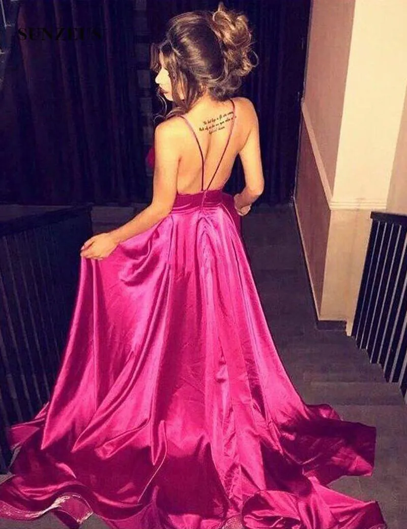 Fushia Deep V Neck Prom Dresses Sexy Spaghetti Backless Evening Gowns Satin Sweep Train Formal Party Dress Cheap Vestidos