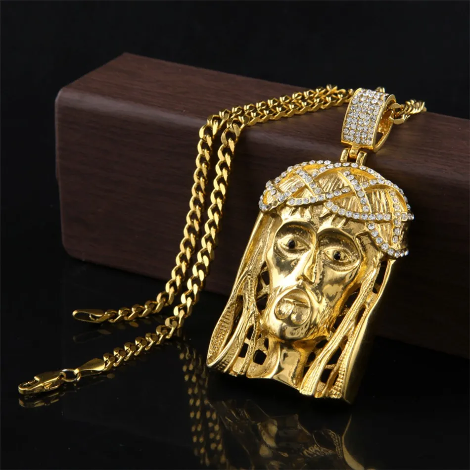 Hip Hop Golden Crowned Jesus Head Pendant Smycken Sätter Square Gem Crystal Double Pendants Halsband Set Kubansk kedja