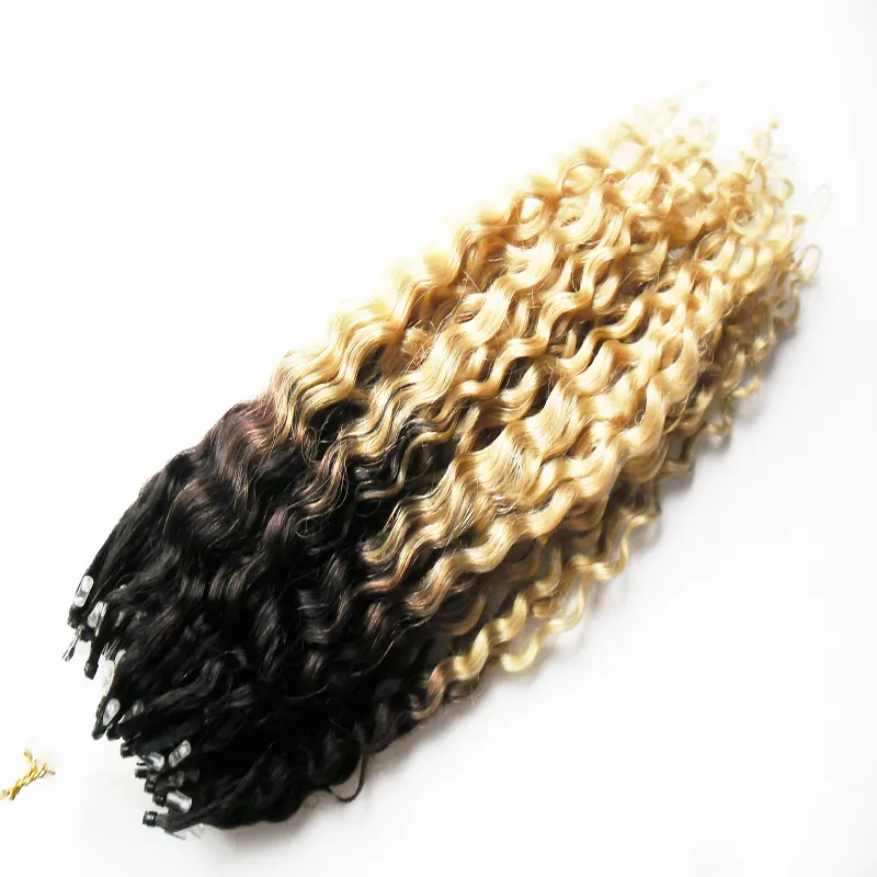 Ombre Menselijk Haar Kinky Krullend Micro Loop Menselijk Hair Extensions 1G 1B / 613 Blonde Hair Extensions 100g