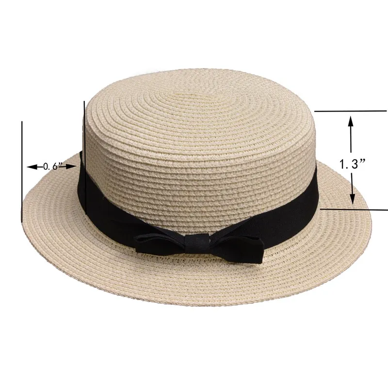 Lady Classic Boater Caps Wstążka okrągła płaska top Elegancki słomka Panama Summer Beach Hat A456
