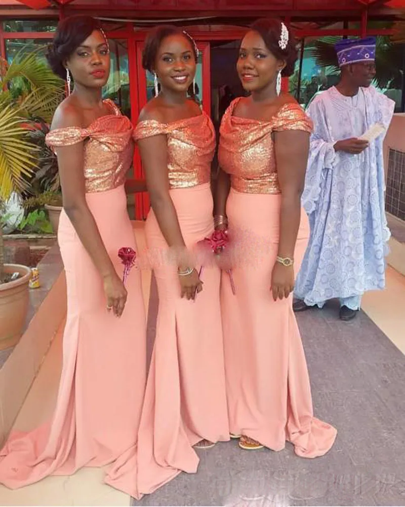 Aso Ebi Coral Paillettes Satin Bellanaija Robes De Demoiselle D'honneur Sirène Hors Épaule Robes Pas Cher Robe Plus La Taille Robes De Soirée De Mariage Nigérian