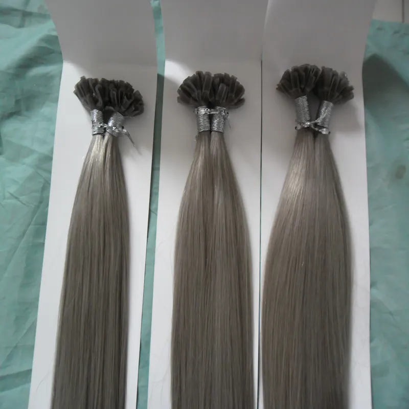 灰色のヘアエクステンションUチップヘア300年300年のプリボンドケラチンスティックチップヒトの髪