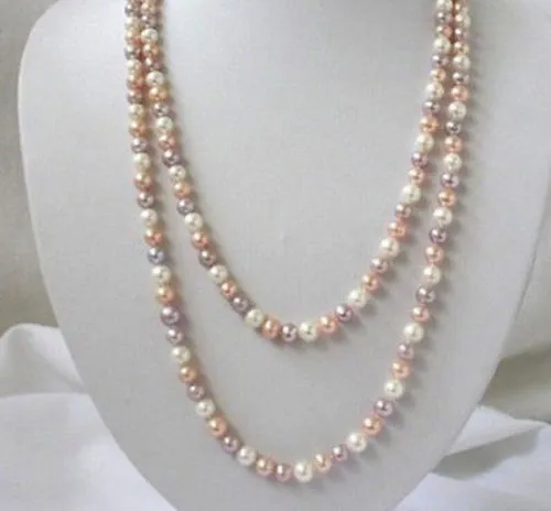 Long 36" 7-8mm Real Natural white & Pink & Purple Akoya Cultured Pearl Necklace