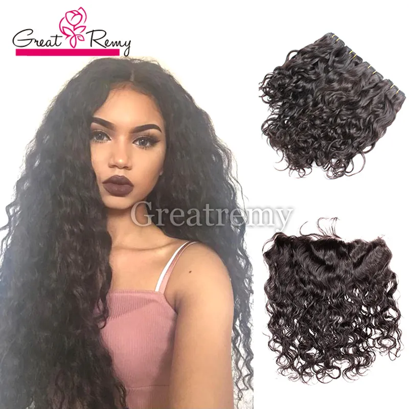 4PCS بيرو الموجة الطبيعية المنك الحياكة الشعر مع 13x4 الرباط أمامي إغلاق Greatremy المنك العذراء حزم الشعر الإنسان مع الأذن إلى الأذن أمامي